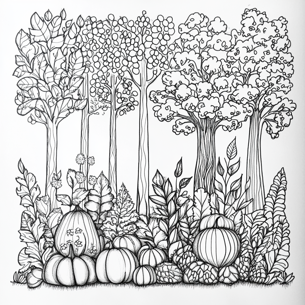 fall aesthetic coloring pages free printable, fall leaves, pumpkins, autumn trees