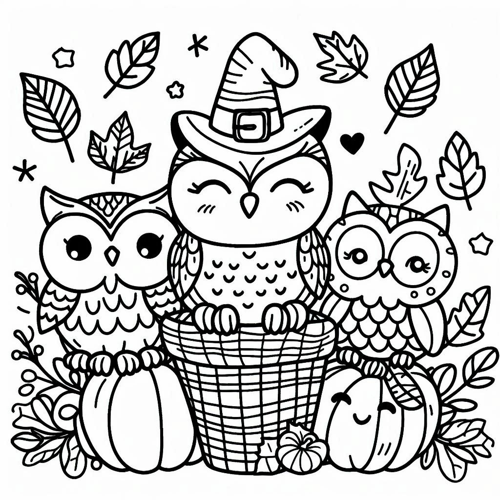 happy fall autumn cute owl coloring page for kids