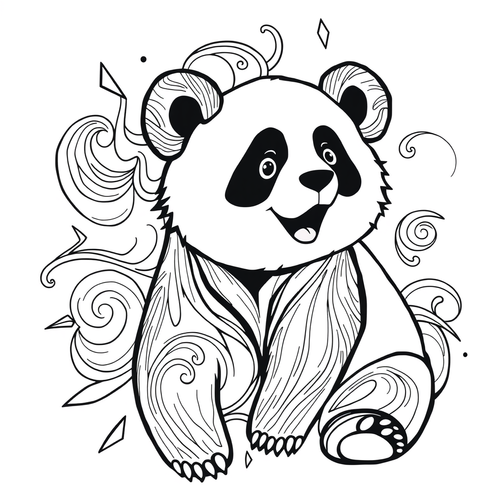 Bold-line stylized abstract sloth coloring page with swirling patterns and sharp geometric accents, white background